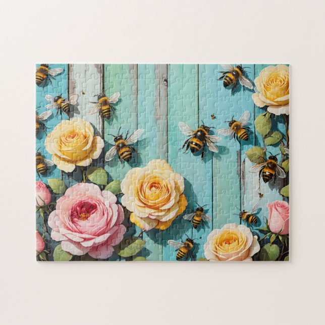 Busy Bees with Pink and Yellow Roses on Old Fence Pussel (Horisontell)