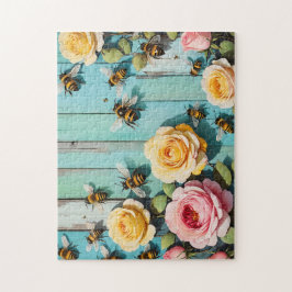 Busy Bees with Pink and Yellow Roses on Old Fence Pussel