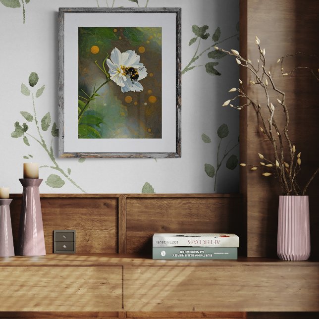 Busy Bumblebee Pollinating White Cosmos Flower Fototryck (Skapare uppladdad)