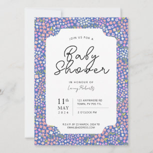 Busy Ditsy Blommigt Rosa och Indigo Blue Baby Show Inbjudningar