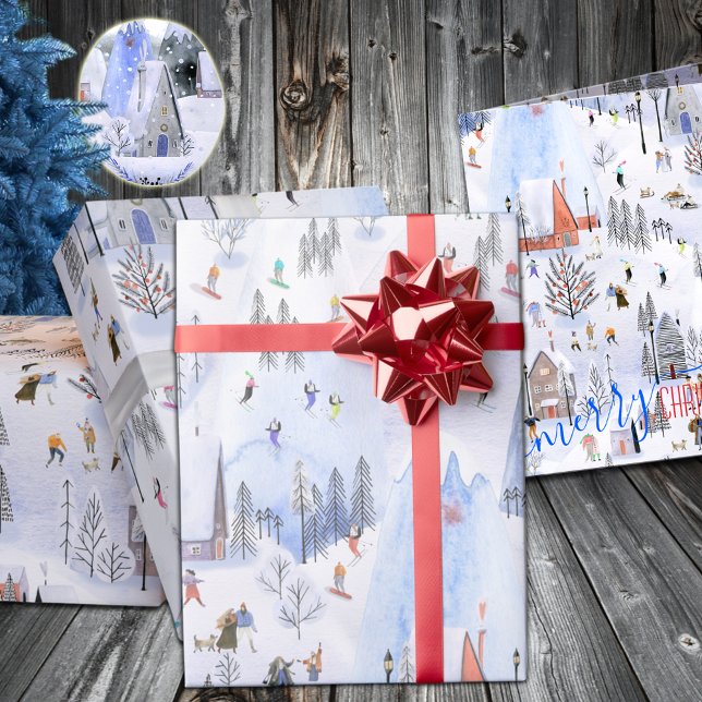 Busy Mountain Skidort Presentpapper (Mountain Ski Village Holiday Gift Wrapping Paper in 6 & 15 foot long 30 inch wide rolls)