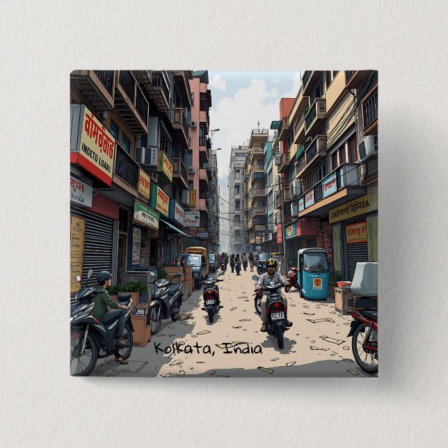 Busy Street of Downtown Kolkata, Indien Knapp (Framsida)