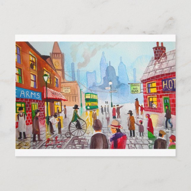 Busy street scen penny farthing tram Gordon Bruce Vykort (Framsida)