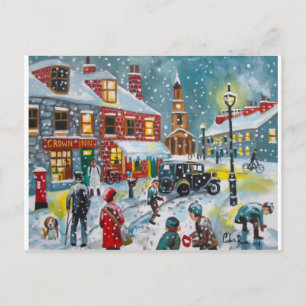Busy street scen vintertid snö Gordon Bruce art Vykort