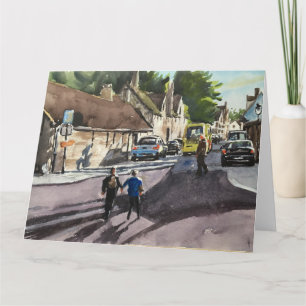 Busy Street Scene Brges Watercolor Kort