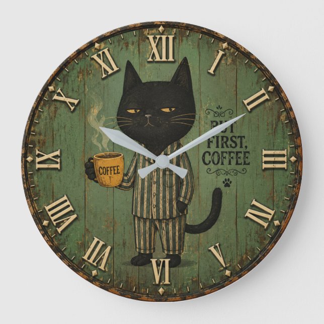 But First Coffee Black Cat Stor Klocka (Framsida)