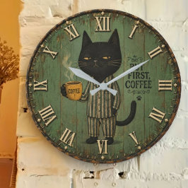 But First Coffee Black Cat Stor Klocka