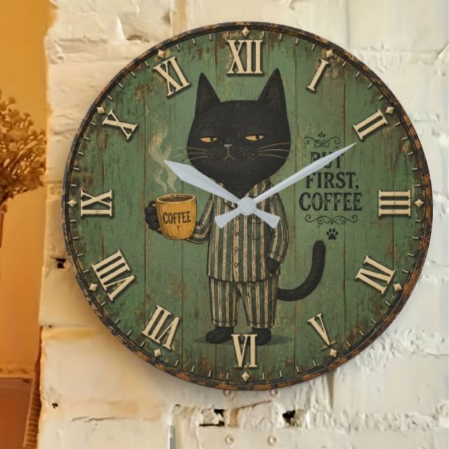 But First Coffee Black Cat Stor Klocka (Skapare uppladdad)