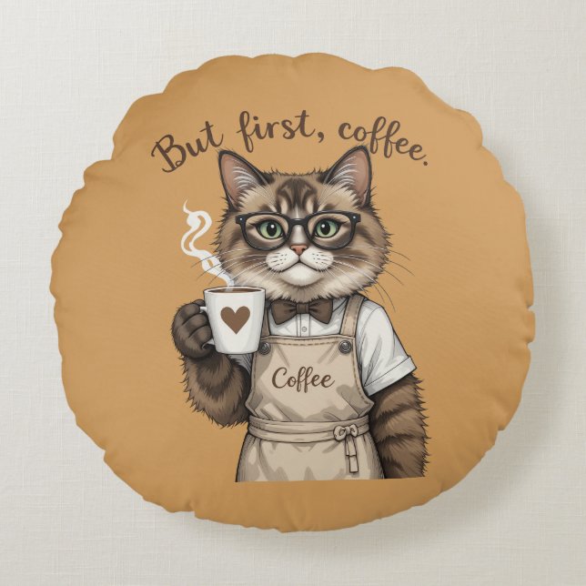 But First, Coffee Cat Rund Kudde (Framsidan)