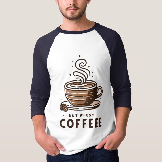 But First Coffee Striped Cup Line Art Design T Shirt (Framsida)