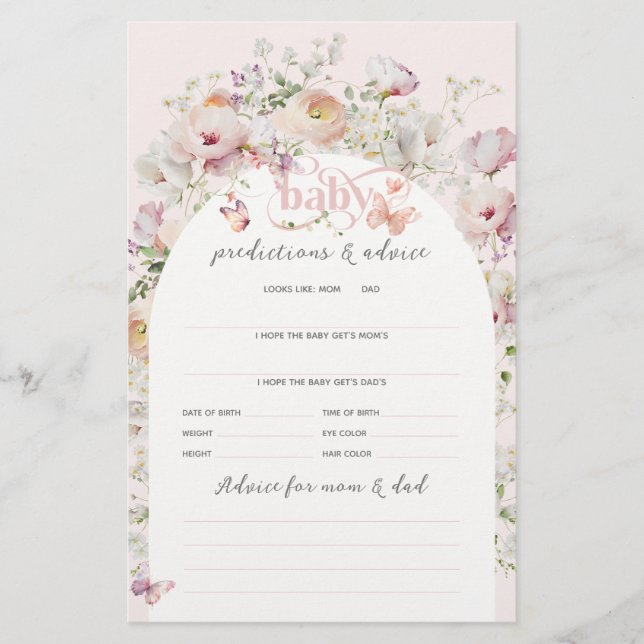 Buterfly  Rosa Blommigt Girl Baby Shower Game (Framsida)