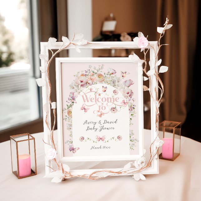 Buterfly  Rosa Blommigt Girl Baby Shower Welcom Poster (Skapare uppladdad)