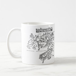 Butiksdetektiver ridande på en varukorg kaffemugg