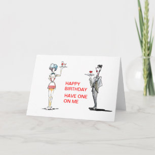 Butler and Waitress with Drinks Birthday Card Kort