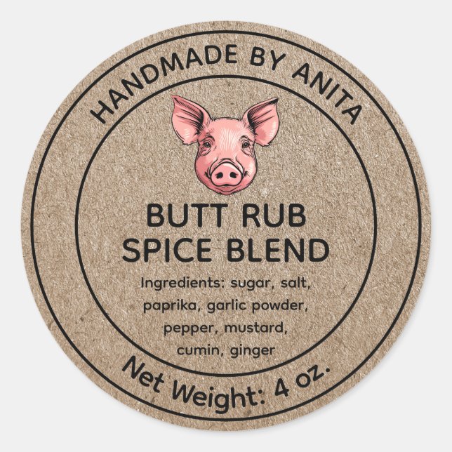 Butt Rub Spice Blend Burk etikett Kraft Papprare S (Framsida)