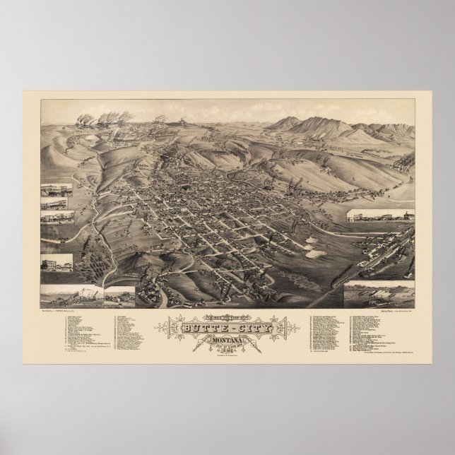 Butte City, MT Panoramic Karta - 1884 Poster (Framsidan)