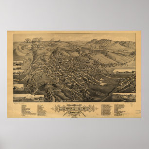 Butte Montana 1884 Antique Panoramic Karta Poster
