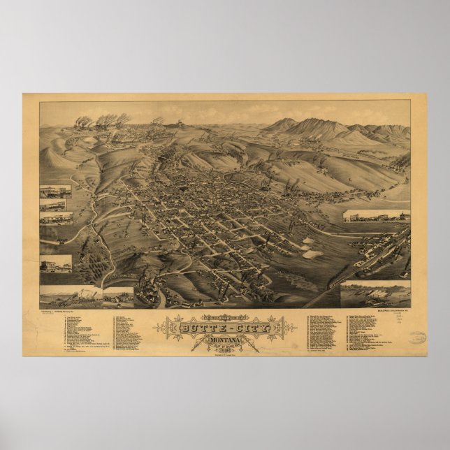 Butte Montana 1884 Antique Panoramic Karta Poster (Framsidan)