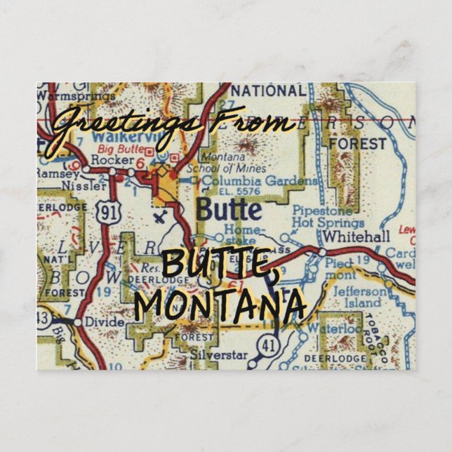 Butte Montana Vintage Karta Vykort (Framsida)