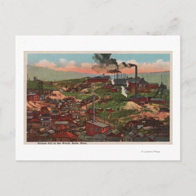 Butte, MT - vy av fabriker och hem på kullen Vykort (Framsida)