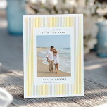 Butter | Classic Pinstripe Photo Wedding Spara Datumet<br><div class="desc">Announce your upcoming wedding with these elegant save the date cards by Redwood and Vine Design Co, featuring a vertical photo against a classic preppy pinstripe background in soft butter yellow and crisp white. Customize the back with additional text and a custom QR code leading to your wedding website for...</div>