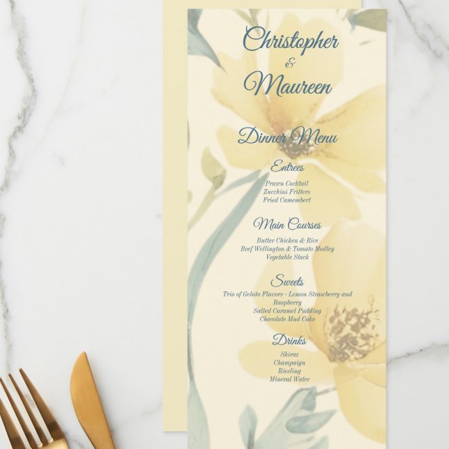 Butter-Gult, Blek, blå Blommigt, vattenfärg, Bröll Meny (These menus can be ordered for each seat, the tables or as large signs.  Room for 4 courses x 3)
