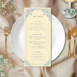 Butter Gult Dusty Blue Elegant bröllop Menu Meny