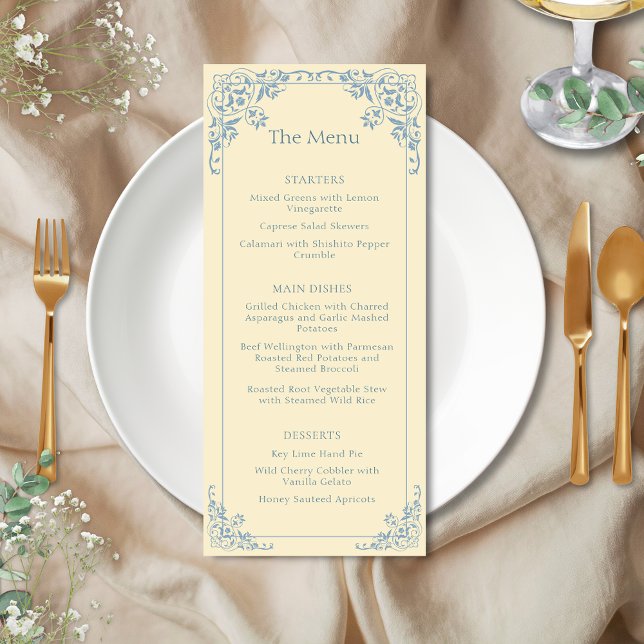 Butter Gult Dusty Blue Elegant bröllop Menu Meny (Elegant butter yellow and dusty blue vintage old money shabby chic coastal wedding event menu)