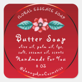Butter Soap Cosmetics Handmade Logotyp Red Blommig Fyrkantigt Klistermärke