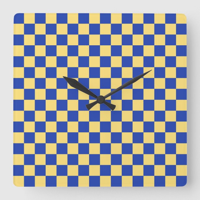 Butter yellow and blue checkered board pattern fyrkantig klocka (Framsida)