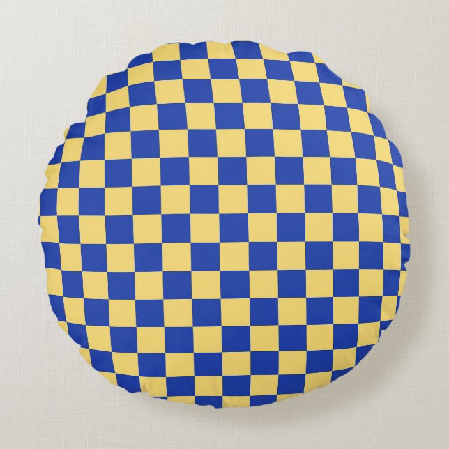 Butter yellow and blue checkered board pattern rund kudde (Framsidan)