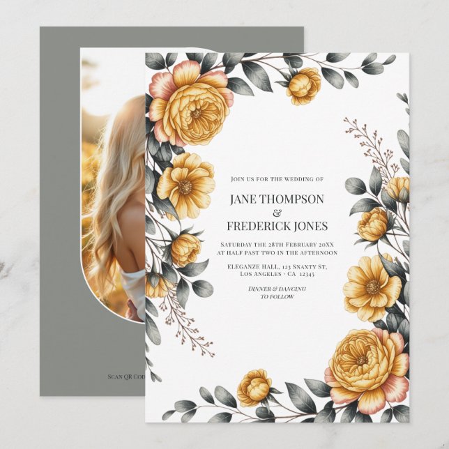 Butter Yellow & Dove Gray Botanical Floral Wedding Inbjudningar (Fram/baksida)
