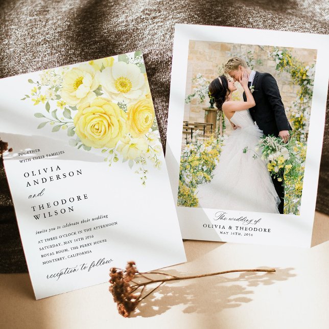 Butter Yellow Ivory Floral Photo Wedding Inbjudningar (butter yellow photo back wedding invitation ivory floral yellow rose wedding invitation stationery)