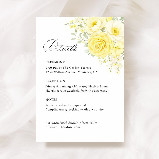 Butter Yellow Ivory Floral Wedding Details, Info Tilläggskort (butter yellow wedding details card ceremony reception card ivory floral wedding information card)