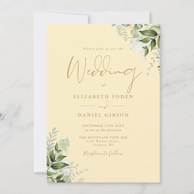 Buttercup Yellow Greenery Monogram Wedding Inbjudningar (Framsida)