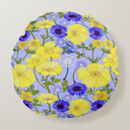 Buttercups, Dandelion Puffbollar Blue Cornblommor Rund Kudde