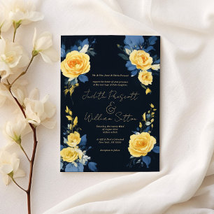 Buttercups gult navy blue boho blommigt Bröllop Inbjudningar