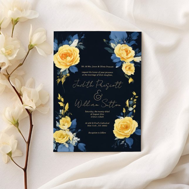 Buttercups gult navy blue boho blommigt Bröllop Inbjudningar (Buttercup yellow navy blue boho floral Wedding)