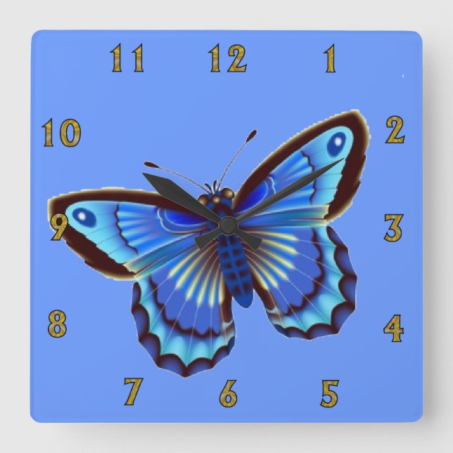 Butterfiy Blue Wall Clock Fyrkantig Klocka (Framsida)