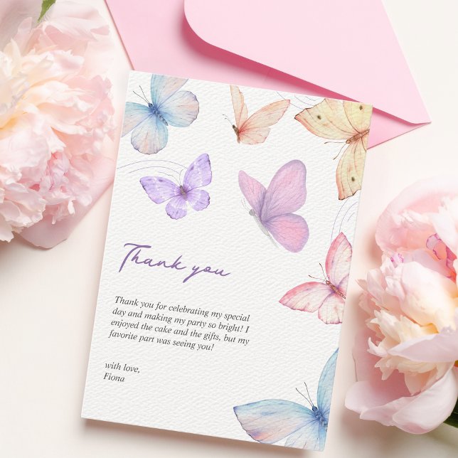 Butterflies 1:a födelsedagen Cute Hand-skriftlig Tack Kort (1st birthday thank you card butterflies)