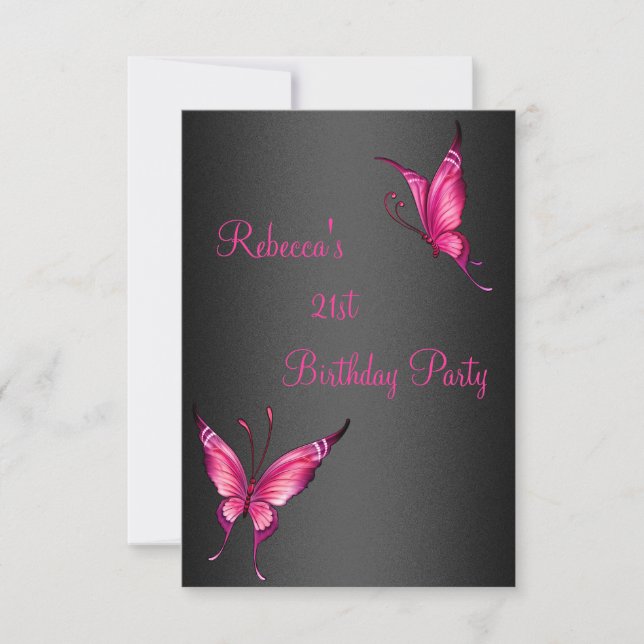 Butterflies 21:a Birthday Party Rosa Black Inbjudningar (Framsida)