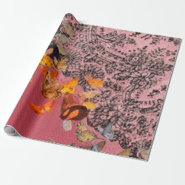 BUTTERFLIES AND CHANTILLY SNÖRE RED Wrapping Pappe Presentpapper
