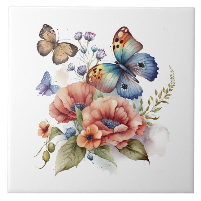 Butterflies and Flowers Greenery Ceramic Tile Kakelplatta (Framsidan)