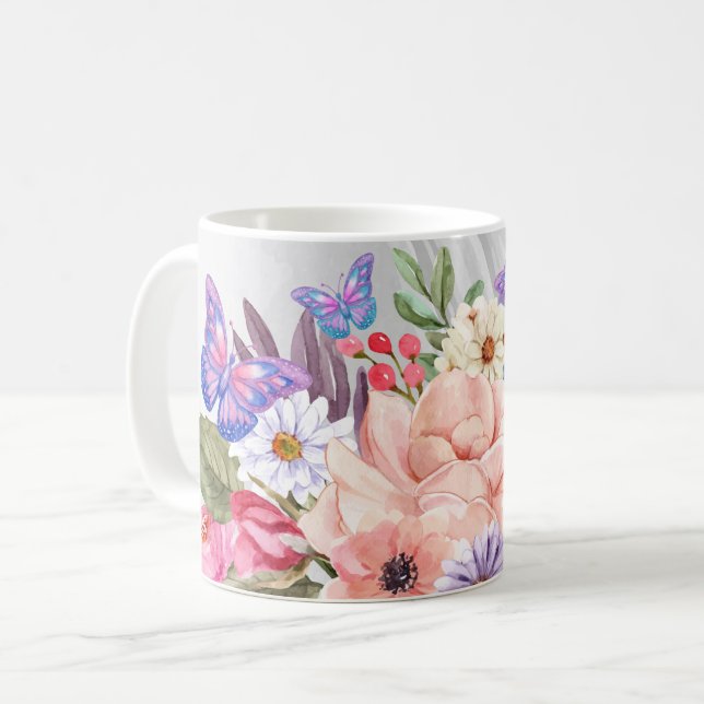Butterflies and Flowers Watercolor Print Kaffemugg (Framsida vänster)