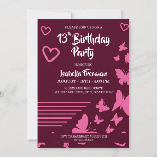 Butterflies and Hearts Rosa Girl 13th Birthday Inbjudningar