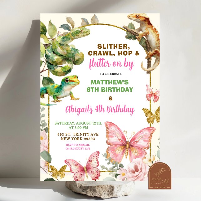 Butterflies and Reptiles Joint Sibling Birthday  Inbjudningar (Skapare uppladdad)