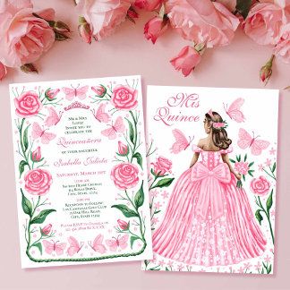 Butterflies and Roses Pink Princess Quinceanera Inbjudningar