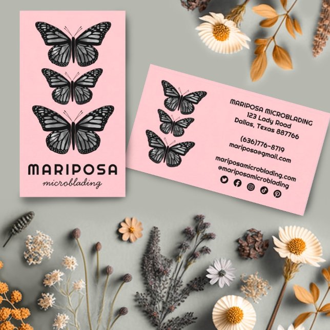 Butterflies Beauty Esthetician Salon  Rosa Visitkort (Beautiful butterflies decorate these custom business cards with social icons. )
