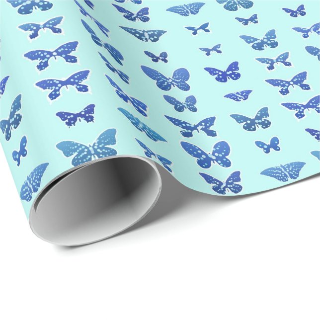 Butterflies, blå, lätt turkos bakgrund presentpapper (Rullad Hörn)