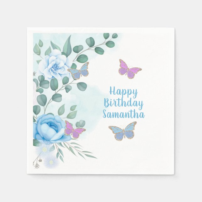 Butterflies Blommigt Blue Lila Guld Birthday Pappersservett (Framsidan)